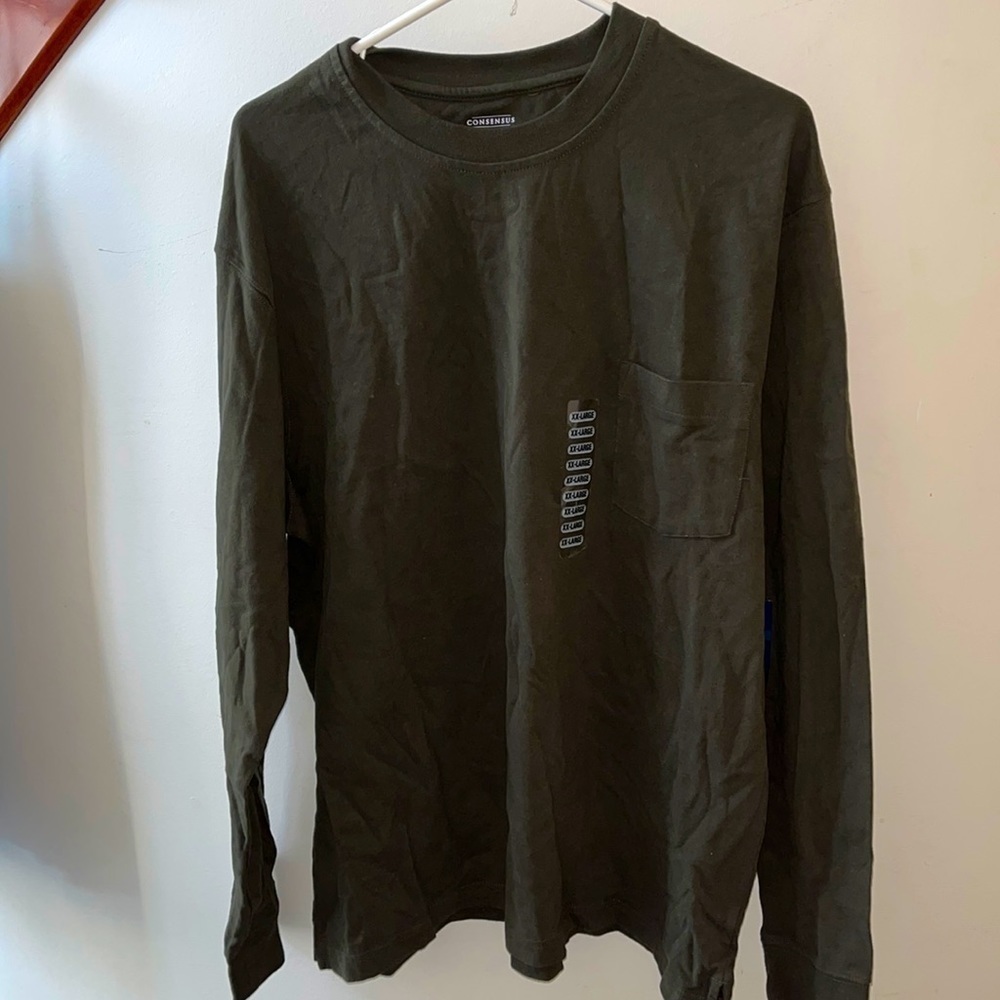 Consensus Long Sleeve Pocket Tee Heavyweight Crew Neck Olive Green Size XXL NWT